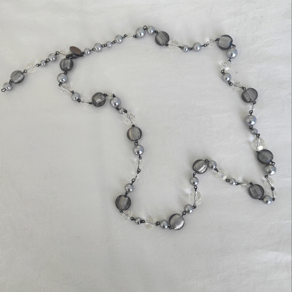 Necklace with glass and silver tone beads